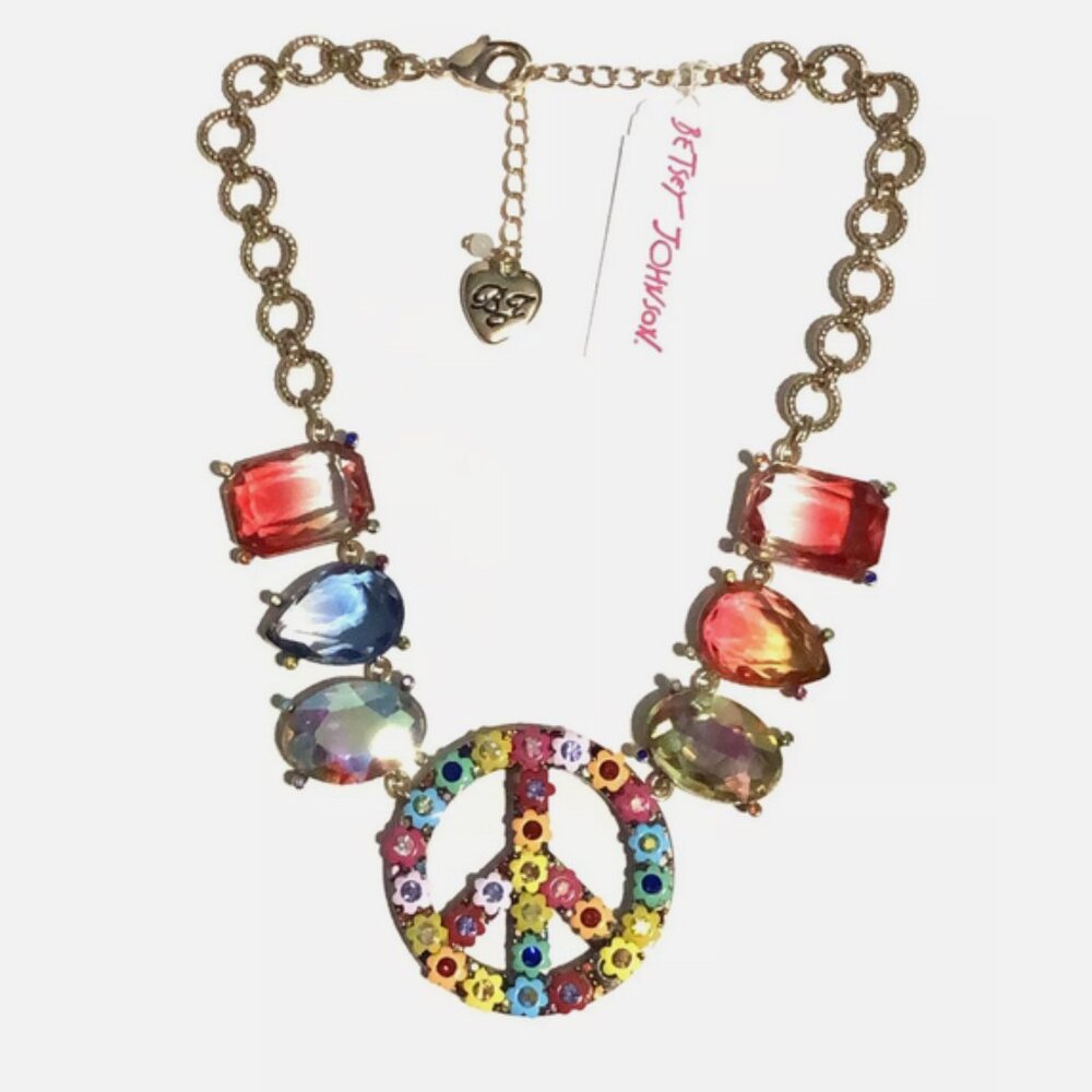 Betsey Johnson Love Fest Peace Sign Multicolor Flower Statement Necklace NWT